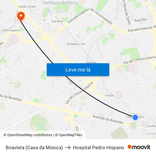 Boavista (Casa da Música) to Hospital Pedro Hispano map