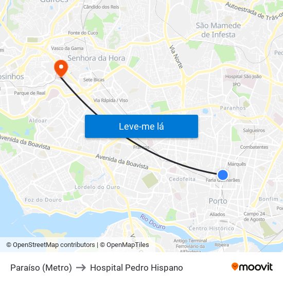 Paraíso (Metro) to Hospital Pedro Hispano map