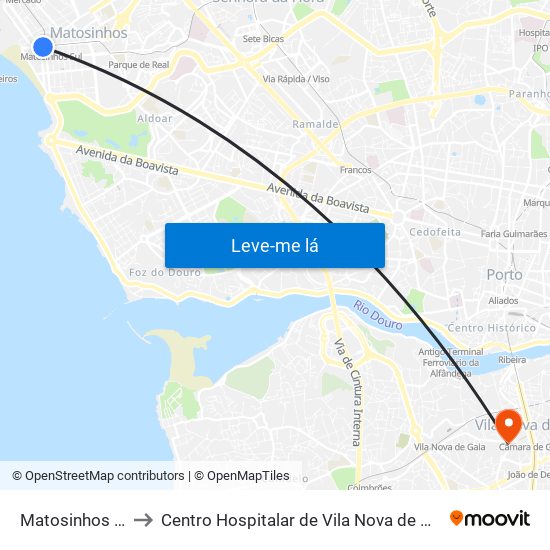 Matosinhos (Praia) to Centro Hospitalar de Vila Nova de Gaia - Unidade 2 map