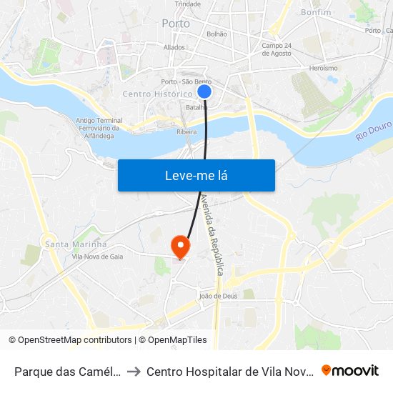 Parque das Camélias (Terminal) to Centro Hospitalar de Vila Nova de Gaia - Unidade 2 map