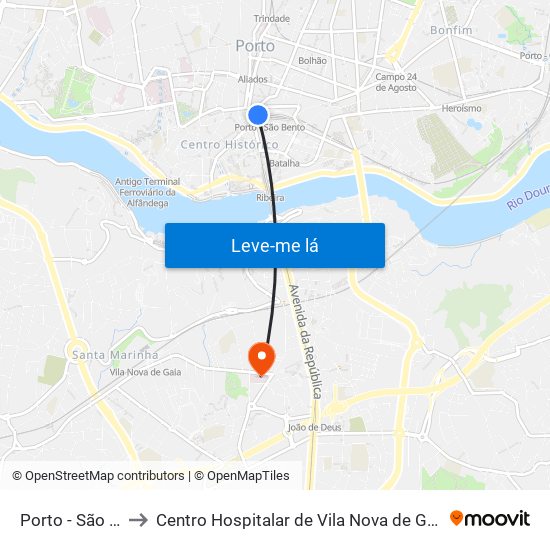 Porto - São Bento to Centro Hospitalar de Vila Nova de Gaia - Unidade 2 map