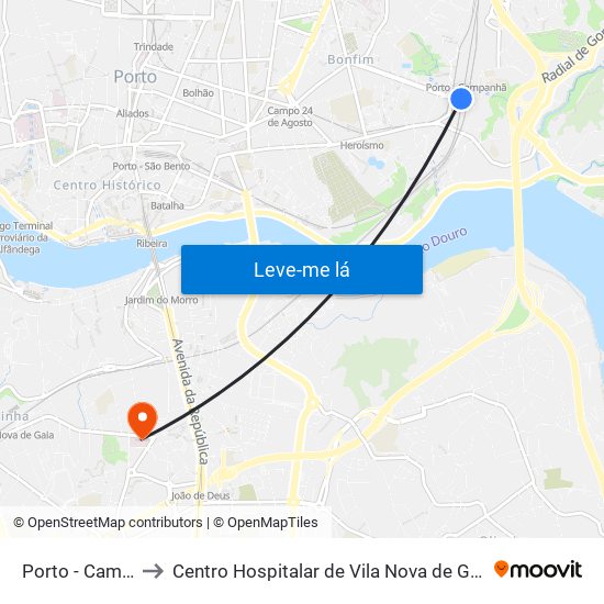 Porto - Campanhã to Centro Hospitalar de Vila Nova de Gaia - Unidade 2 map