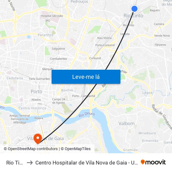 Rio Tinto to Centro Hospitalar de Vila Nova de Gaia - Unidade 2 map