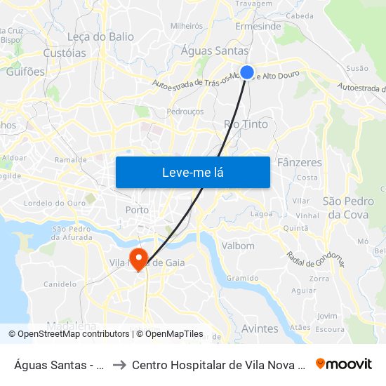 Águas Santas - Palmilheira to Centro Hospitalar de Vila Nova de Gaia - Unidade 2 map