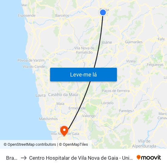 Braga to Centro Hospitalar de Vila Nova de Gaia - Unidade 2 map