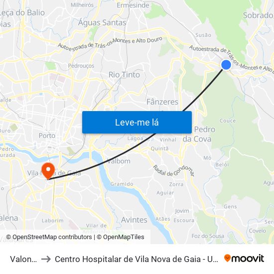 Valongo to Centro Hospitalar de Vila Nova de Gaia - Unidade 2 map