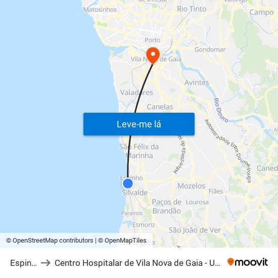 Espinho to Centro Hospitalar de Vila Nova de Gaia - Unidade 2 map