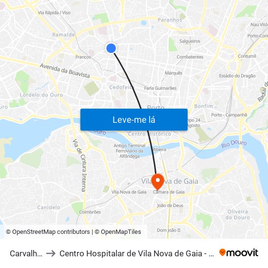 Carvalhido to Centro Hospitalar de Vila Nova de Gaia - Unidade 2 map
