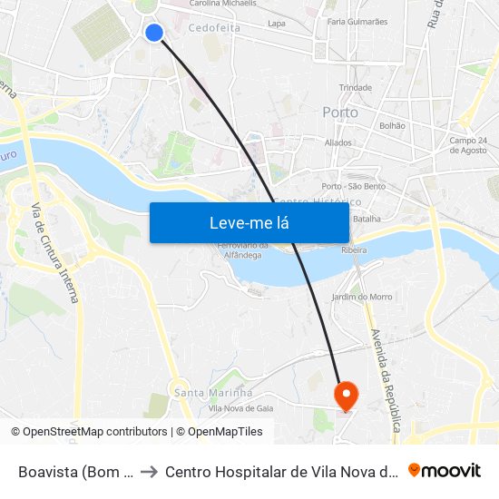 Boavista (Bom Sucesso) to Centro Hospitalar de Vila Nova de Gaia - Unidade 2 map