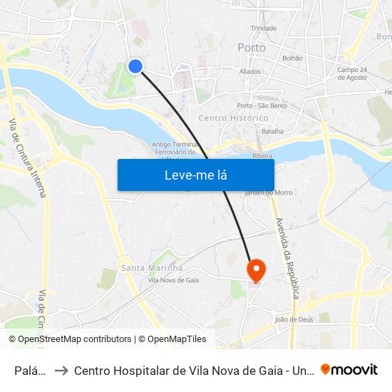 Palácio to Centro Hospitalar de Vila Nova de Gaia - Unidade 2 map
