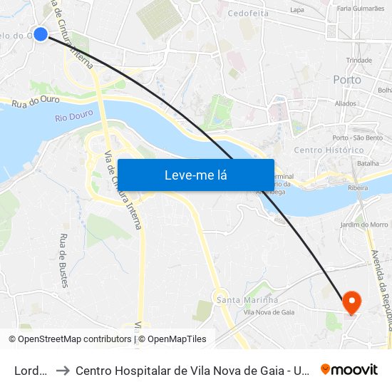 Lordelo to Centro Hospitalar de Vila Nova de Gaia - Unidade 2 map