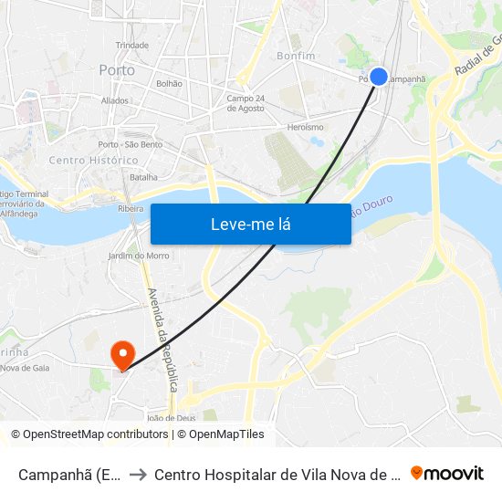 Campanhã (Estação) to Centro Hospitalar de Vila Nova de Gaia - Unidade 2 map