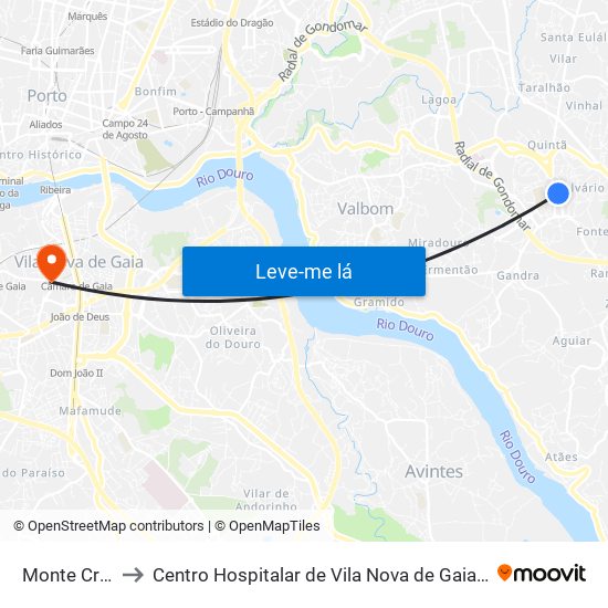 Monte Crasto to Centro Hospitalar de Vila Nova de Gaia - Unidade 2 map