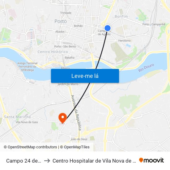 Campo 24 de Agosto to Centro Hospitalar de Vila Nova de Gaia - Unidade 2 map