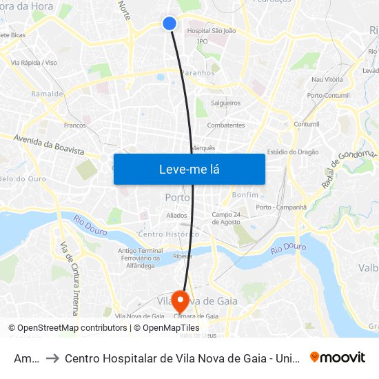 Amial to Centro Hospitalar de Vila Nova de Gaia - Unidade 2 map