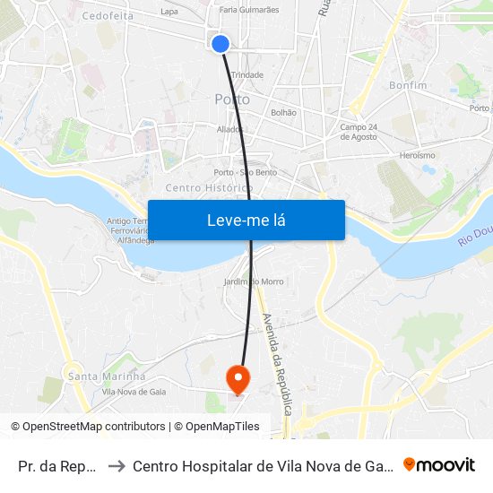 Pr. da República to Centro Hospitalar de Vila Nova de Gaia - Unidade 2 map