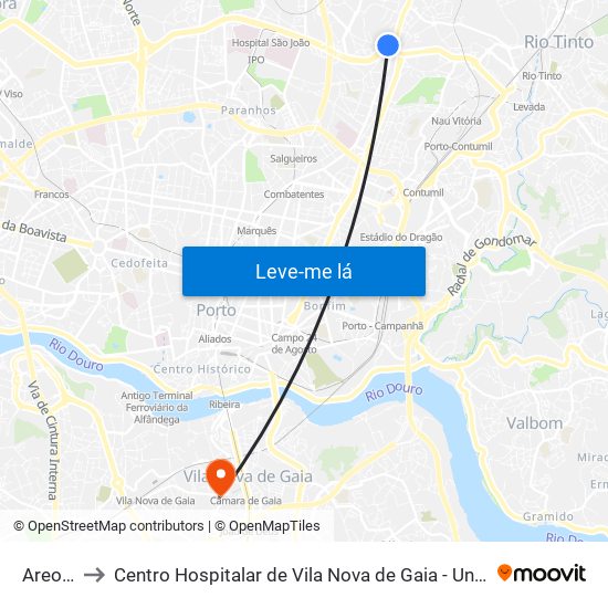 Areosa to Centro Hospitalar de Vila Nova de Gaia - Unidade 2 map