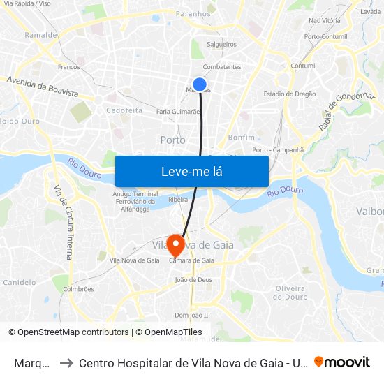 Marquês to Centro Hospitalar de Vila Nova de Gaia - Unidade 2 map