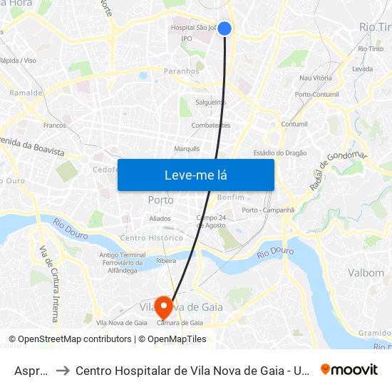 Asprela to Centro Hospitalar de Vila Nova de Gaia - Unidade 2 map