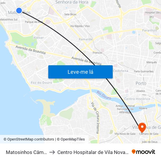 Matosinhos Câmara (Matc1) to Centro Hospitalar de Vila Nova de Gaia - Unidade 2 map