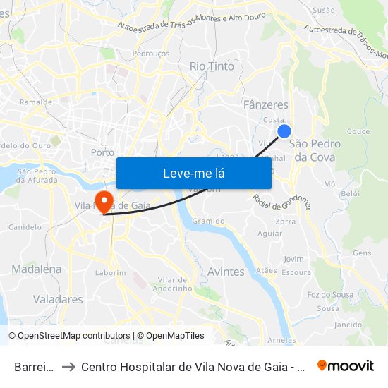 Barreiros to Centro Hospitalar de Vila Nova de Gaia - Unidade 2 map