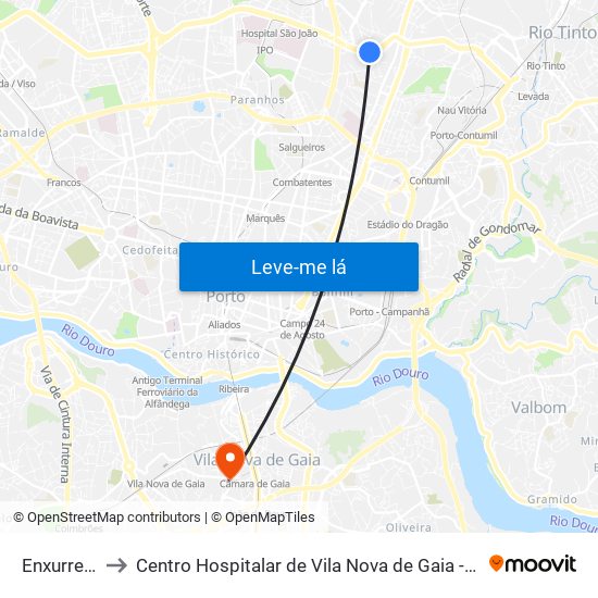 Enxurreiras to Centro Hospitalar de Vila Nova de Gaia - Unidade 2 map