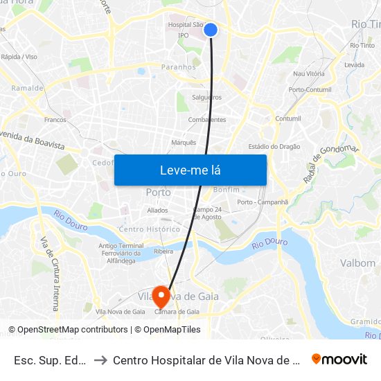 Esc. Sup. Educação to Centro Hospitalar de Vila Nova de Gaia - Unidade 2 map