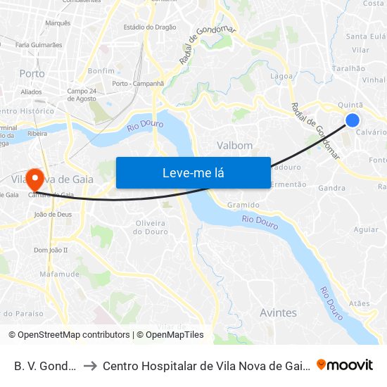 B. V. Gondomar to Centro Hospitalar de Vila Nova de Gaia - Unidade 2 map