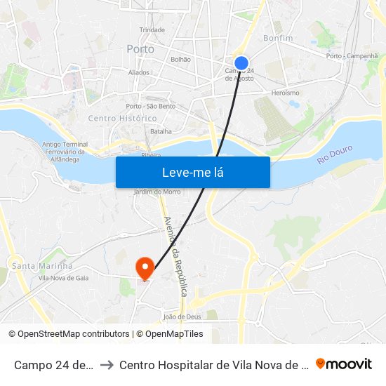 Campo 24 de Agosto to Centro Hospitalar de Vila Nova de Gaia - Unidade 2 map