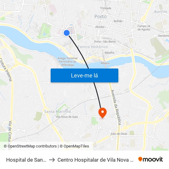 Hospital de Santo António to Centro Hospitalar de Vila Nova de Gaia - Unidade 2 map