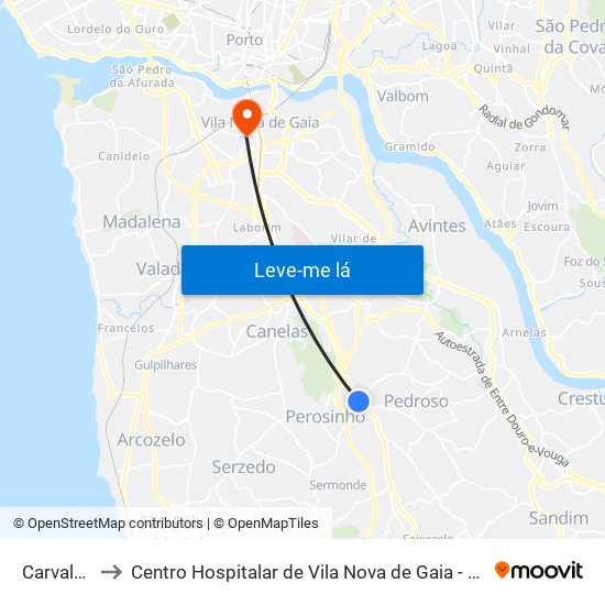 Carvalhos to Centro Hospitalar de Vila Nova de Gaia - Unidade 2 map