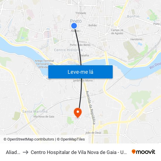 Aliados to Centro Hospitalar de Vila Nova de Gaia - Unidade 2 map