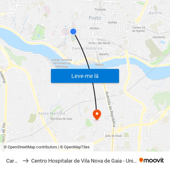 Carmo to Centro Hospitalar de Vila Nova de Gaia - Unidade 2 map