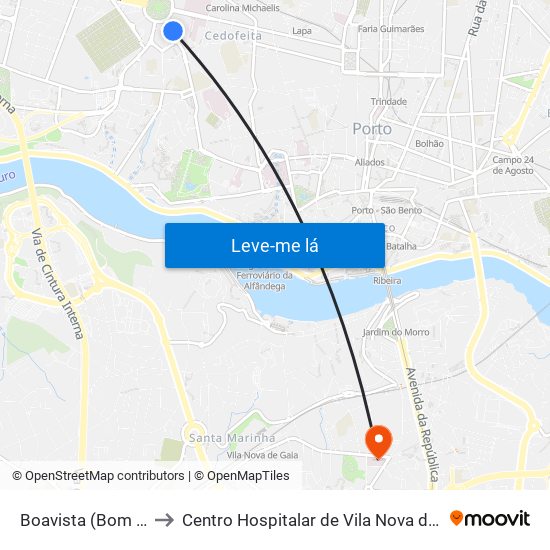 Boavista (Bom Sucesso) to Centro Hospitalar de Vila Nova de Gaia - Unidade 2 map