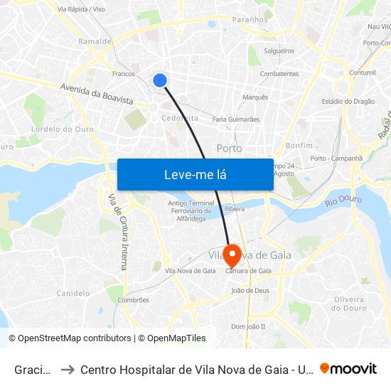 Graciosa to Centro Hospitalar de Vila Nova de Gaia - Unidade 2 map