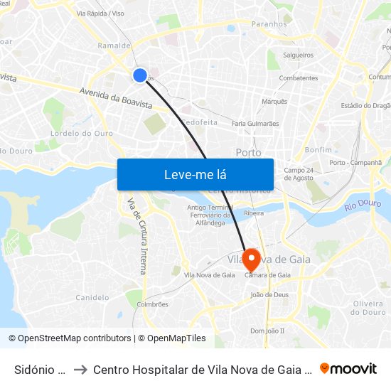 Sidónio Pais to Centro Hospitalar de Vila Nova de Gaia - Unidade 2 map