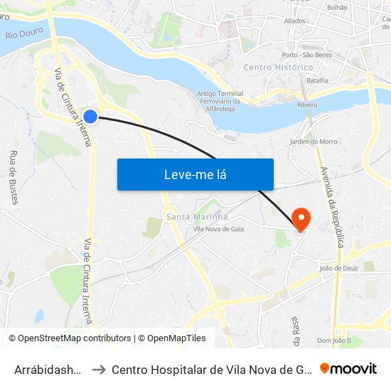 Arrábidashopping to Centro Hospitalar de Vila Nova de Gaia - Unidade 2 map