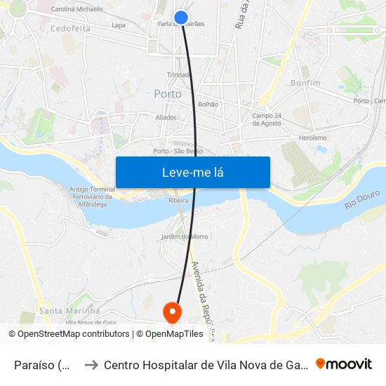 Paraíso (Metro) to Centro Hospitalar de Vila Nova de Gaia - Unidade 2 map