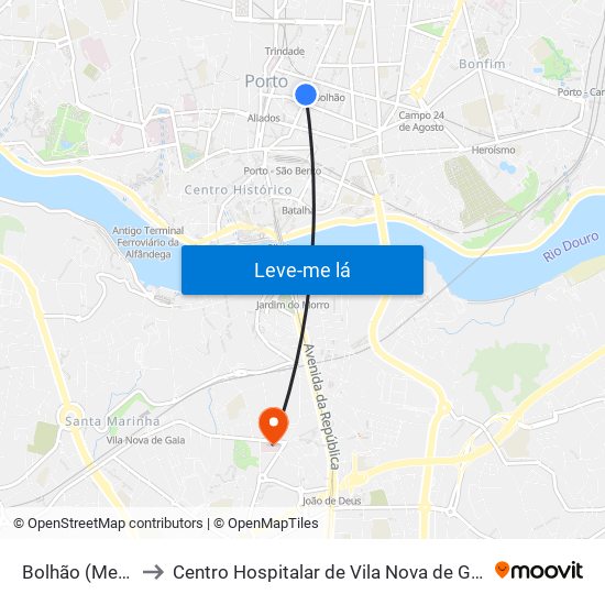 Bolhão (Mercado) to Centro Hospitalar de Vila Nova de Gaia - Unidade 2 map