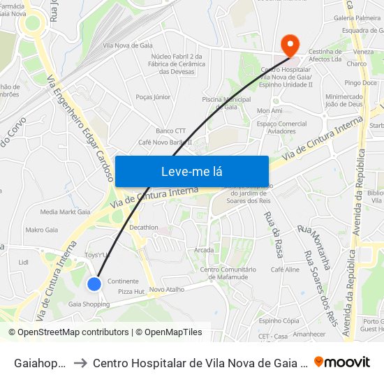 Gaiahopping to Centro Hospitalar de Vila Nova de Gaia - Unidade 2 map