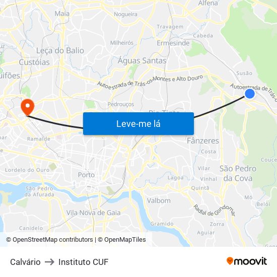 Calvário to Instituto CUF map