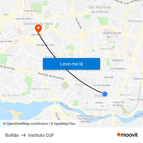 Bolhão to Instituto CUF map