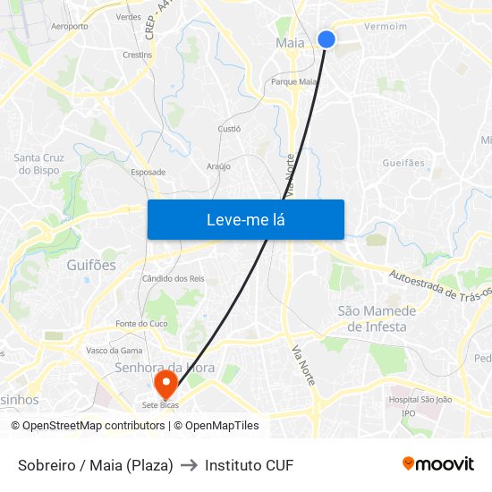 Sobreiro / Maia (Plaza) to Instituto CUF map
