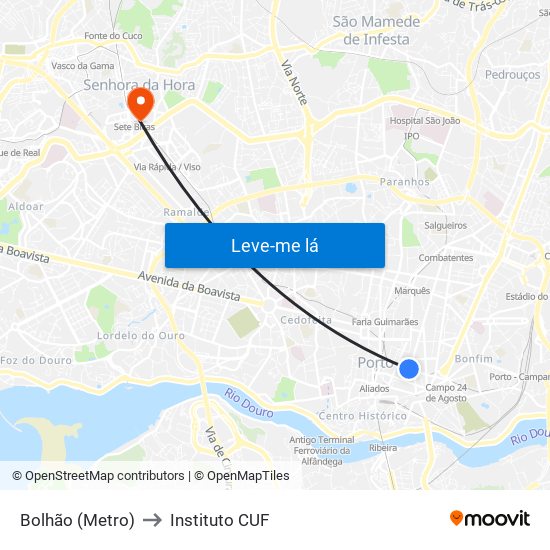 Bolhão (Metro) to Instituto CUF map