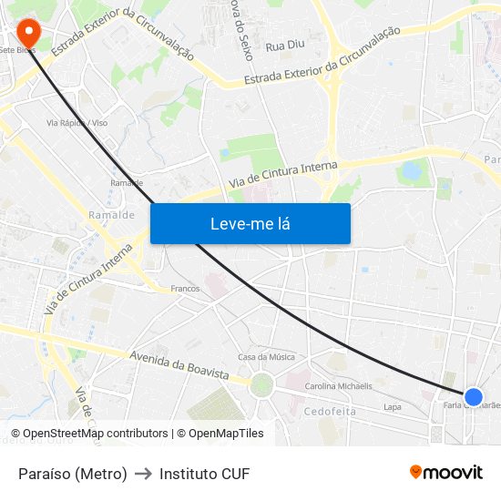Paraíso (Metro) to Instituto CUF map