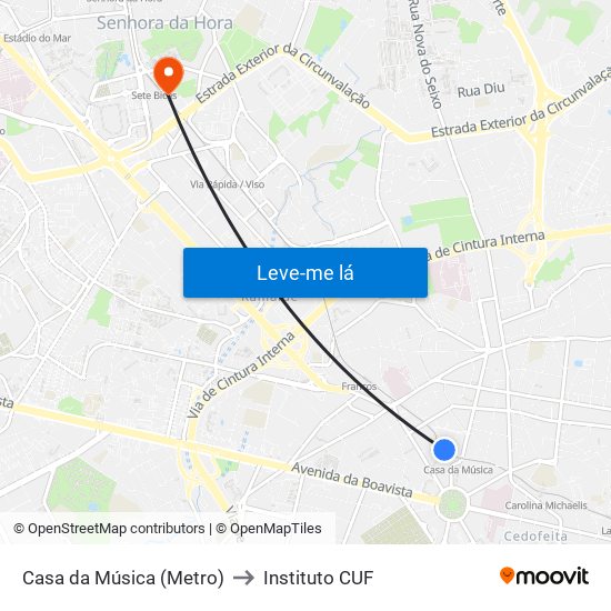 Casa da Música (Metro) to Instituto CUF map