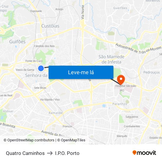 Quatro Caminhos to I.P.O. Porto map