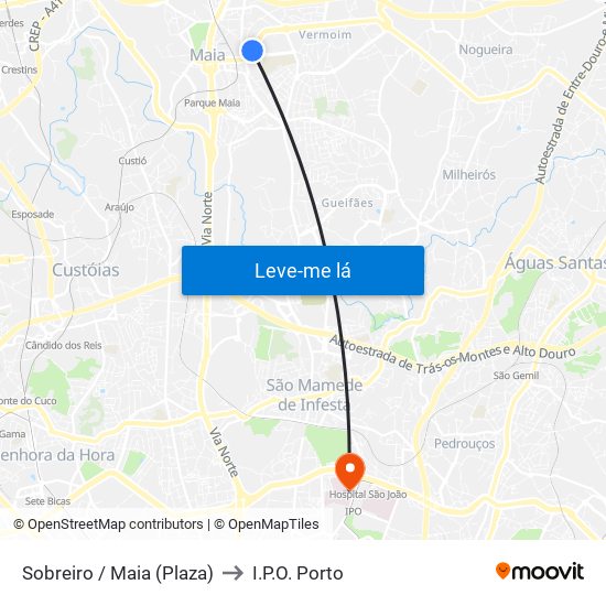 Sobreiro / Maia (Plaza) to I.P.O. Porto map