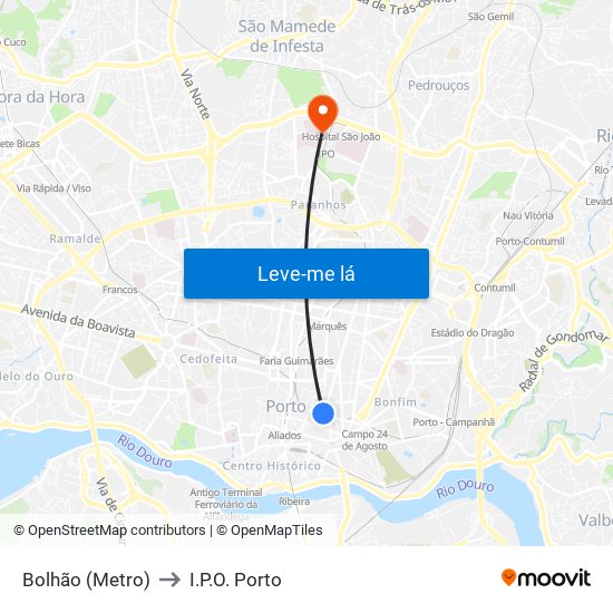 Bolhão (Metro) to I.P.O. Porto map
