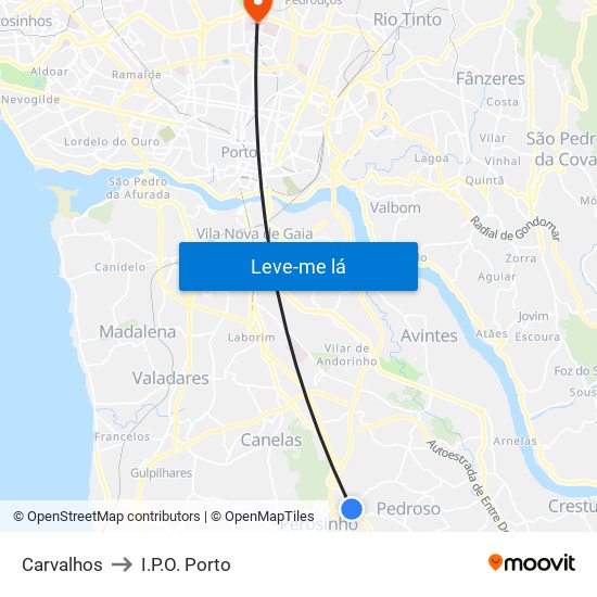 Carvalhos to I.P.O. Porto map